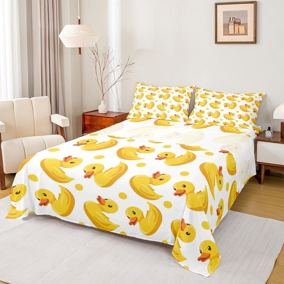 jejeloiu Cute Ducks Twin Sheet Set (3-Piece) Geometric Dots Funny Animal Cozy Decor For Kids