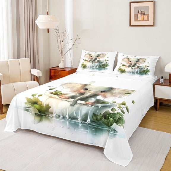 jejeloiu Cute Elephant Bed Sheets,Kawaii Wild Animal King Sheets For Boys Kids 4-Piece