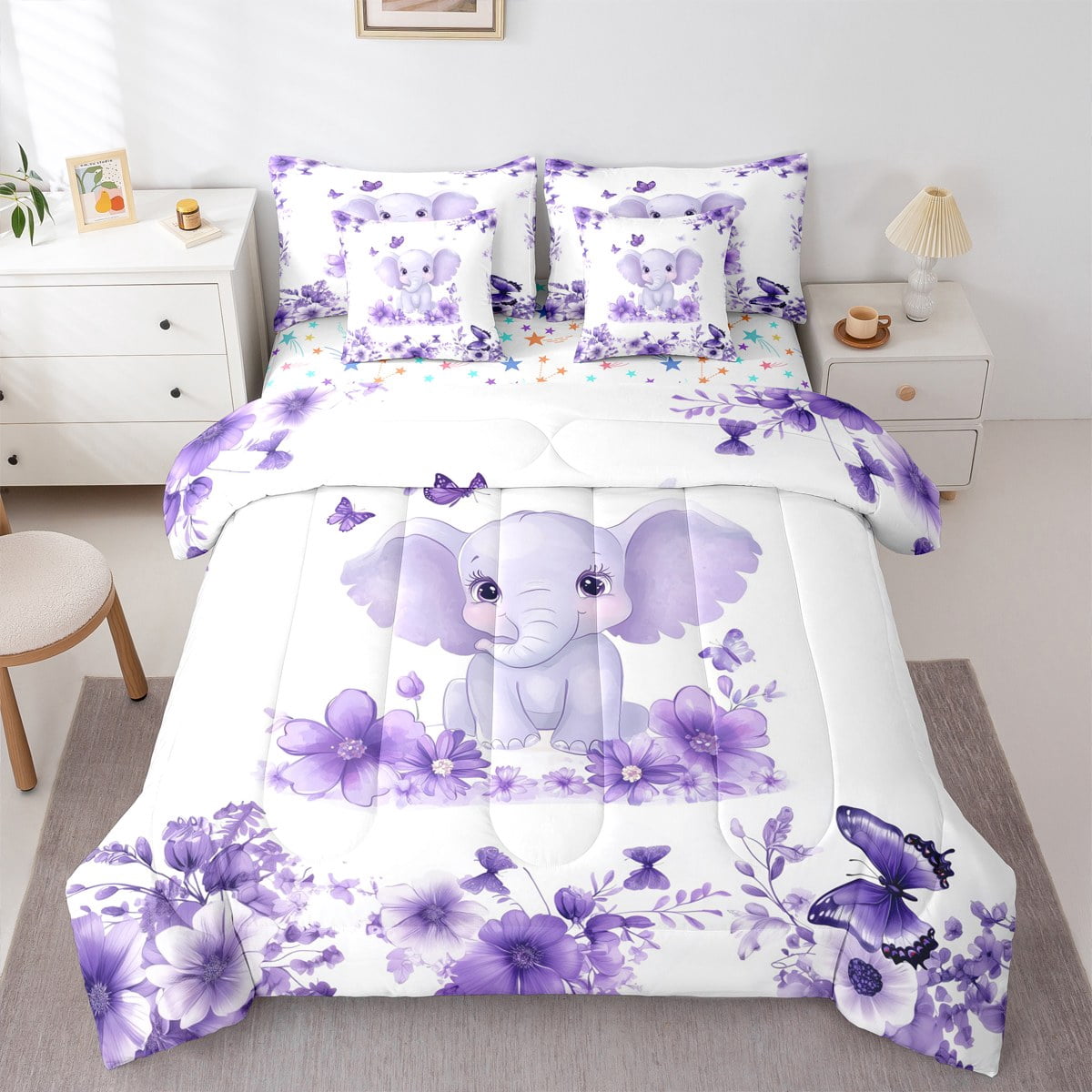 jejeloiu Cute Elephant Bedding Comforter Set 7-Piece,Zoo Animal King Bedding Sets,Purple Flower Butterflies Bed Sheets For Boys Girl,Super Cozy Room Decor Reversible