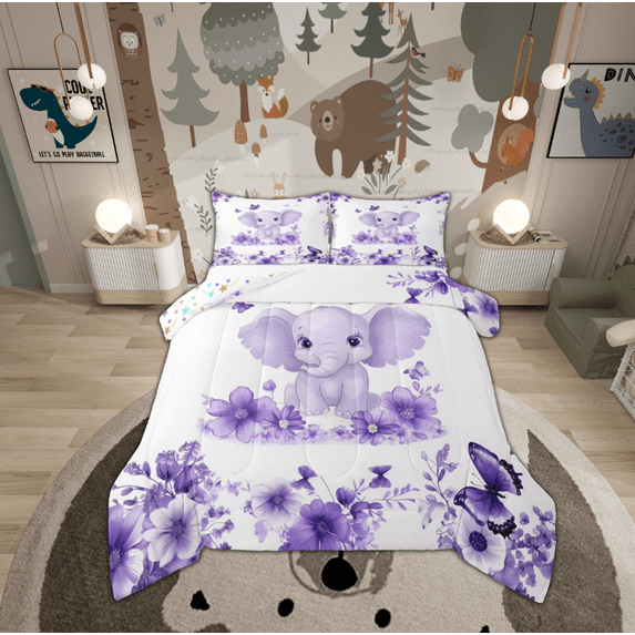 jejeloiu Cute Elephant Bedding Comforter Set,Zoo Animal Twin Comforter Sets,Purple Flower Butterflies Bedding Set For Boys Girl,Super Cozy Room Decor Reversible,2pcs