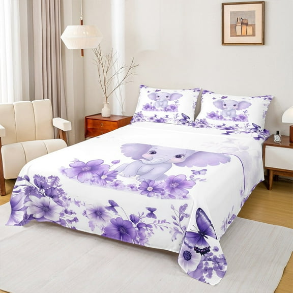 jejeloiu Cute Elephant Full Size Sheets,Zoo Animal Bed Sheets,Purple Flower Butterflies Sheet Sets For Boys Girl,Super Cozy Room Decor,4-Piece