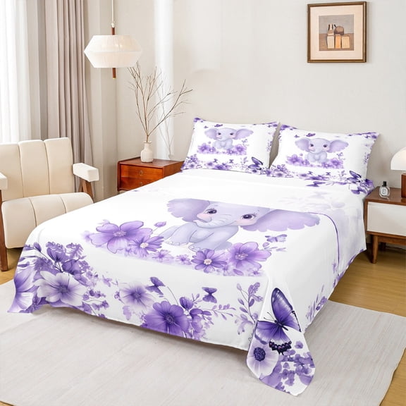 jejeloiu Cute Elephant Queen Sheet Sets,Zoo Animal Flat Sheet,Purple Flower Butterflies Queen Fitted Sheet For Boys Girl,Super Cozy Room Decor,4 Pieces