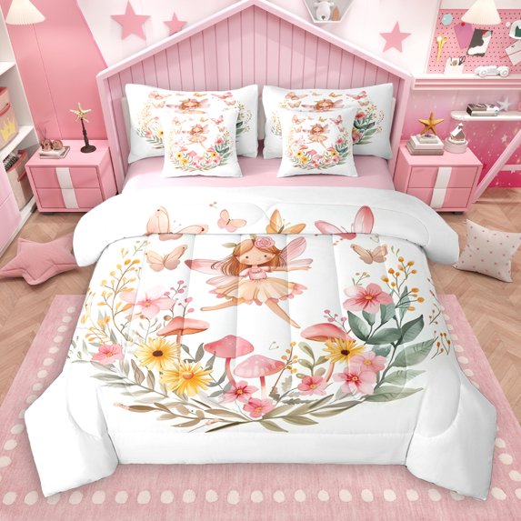 jejeloiu Cute Elf Princess 7pcs Bedding Comforter Set,Pink Girl Queen Bedding Sets,Chic Wreath Queen Sheet Sets For Kids,Luxury Bedroom Decor Reversible