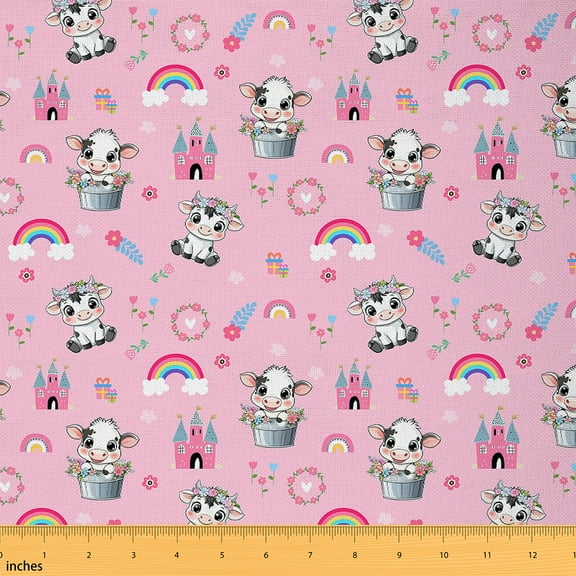 jejeloiu Cute Farm Cow Fabric by the Yard 1 Yard,Pink Dreamy Castle Home Decor Fabric by the Yard,Colorful Rainbow Flower Sewing Fabric For Child,Lightweight Bedroom Decorative