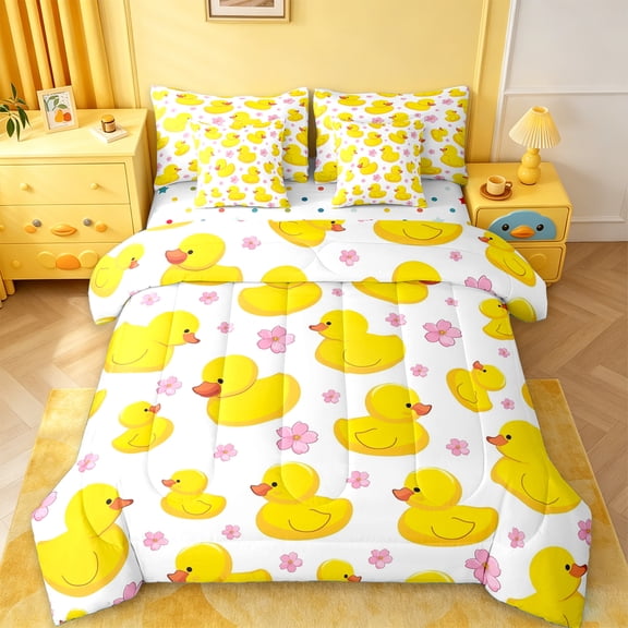jejeloiu Cute Farm Duck 7-Piece Twin Bedding Sets,Country Flower Floral Bedding Comforter Set,Pink Yellow Sheet Sets For Boys Teens,Ultra Soft Home Decor Reversible