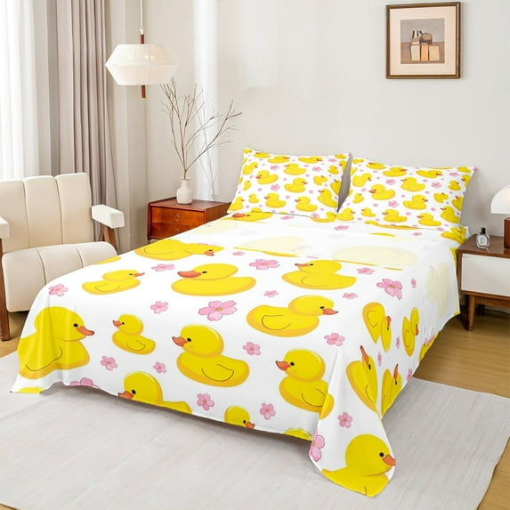 jejeloiu Cute Farm Duck Twin Sheet Sets,Country Flower Floral Twin Fitted Sheet,Pink Yellow Flat Sheet For Boys Teens,Ultra Soft Home Decor,3 Pieces