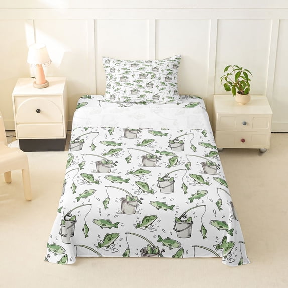 jejeloiu Cute Fishing Print Twin Sheets For Girls,Green Fish Bucket Bedding,White Green,3pcs,1 Fitted Sheet and 1 Pillowcase