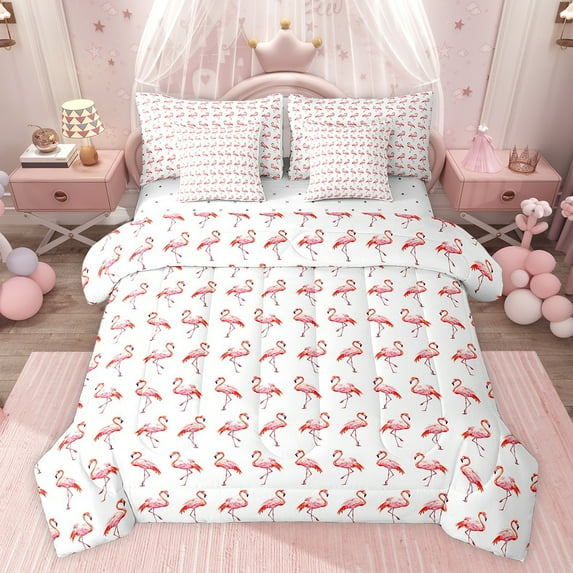jejeloiu Cute Flamingo 7 Pieces Bedding Comforter Set,Tropical Animal Full Bedding Set,White Pink Fitted Sheet Flat Sheet For Boys Girls,Luxury Bedroom Decor Reversible