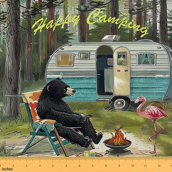 jejeloiu Cute Flamingo Bear Fabric by the Yard 2 Yards,Happy Camping Room Decor Fabric by the Yard,Camper Travel Trailer Fabric for Sewing For Girls Teens,Ultra Soft Home Decor