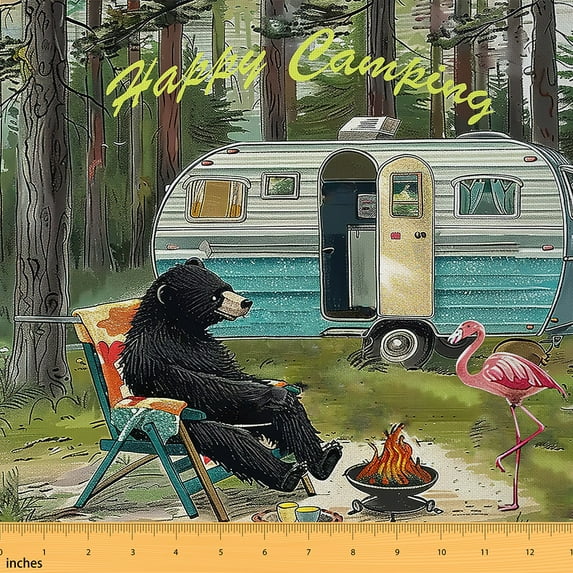 jejeloiu Cute Flamingo Bear Fabric by the Yard 5 Yards,Happy Camping Fabric for Sewing,Camper Travel Trailer Home Decor Fabric by the Yard For Girls Teens,Ultra Soft Home Decor