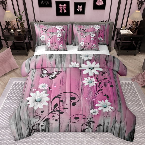jejeloiu Cute Floral Blossom 7pcs Bedding Comforter Set,Old Wooden Board Queen Bedding Sets,Pink Gray White Queen Sheet Sets For Adults,Breathable Home Decor Reversible