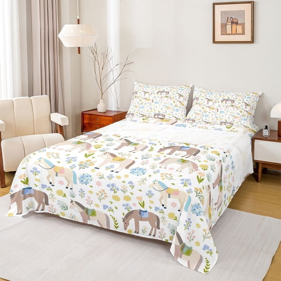 jejeloiu Cute Floral Blossom Full Size Sheets,Country Farmhouse Horse Bed Sheets For Teens 4 Pieces