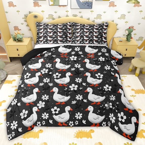 jejeloiu Cute Floral Blossom Queen Comforter Set,White Cartoon Duck Bedding Comforter Set For Teens Reversible 3pcs