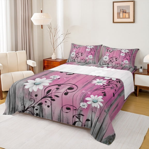 jejeloiu Cute Floral Blossom Queen Sheet Sets,Old Wooden Board Flat Sheet,Pink Gray White Queen Fitted Sheet For Adults,Breathable Home Decor,4 Pieces