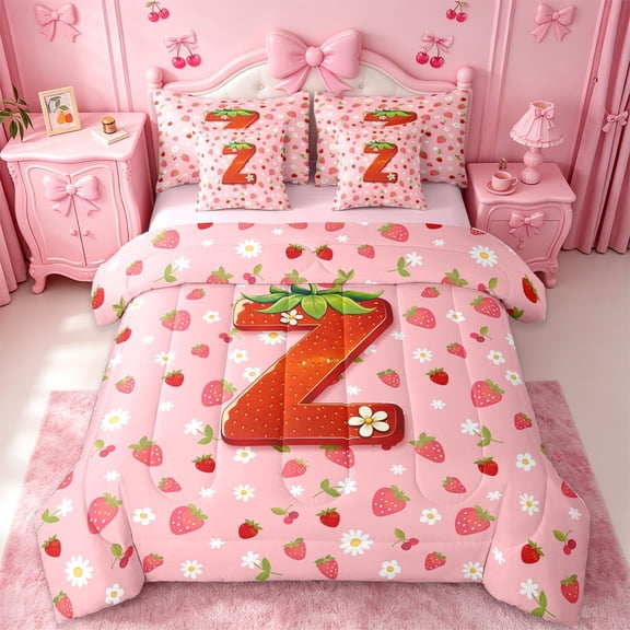 jejeloiu Cute Floral Daisy 7-Piece Twin Bedding Sets For Kids.Sweet Strawberry Print Red Letter Z Bedding Comforter Set For Girls,Pink Reversible