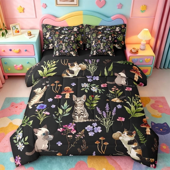 jejeloiu Cute Floral Kitten 7-Piece Bedding Comforter Set For Kids,Muted Gray Woodland Cat King Bedding Sets For Girl,Reversible
