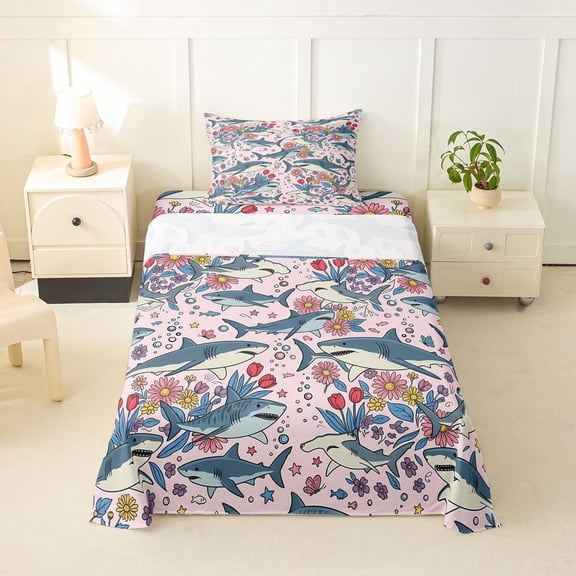 jejeloiu Cute Floral Shark Print Twin Sheets For Girls,Pastel Ocean Flower Bedding,Pink Blue,3-Piece,1 Fitted Sheet and 1 Pillowcase