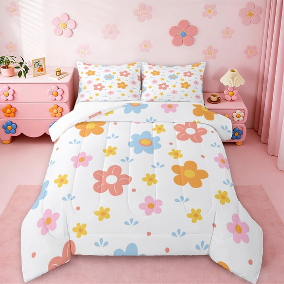 jejeloiu Cute Flower Full Size Comforter Sets,Plant Theme Bedding Comforter Set,Orange Blue White Bedding Sets For Girls Kids,Microfiber Room Decoration,3pcs