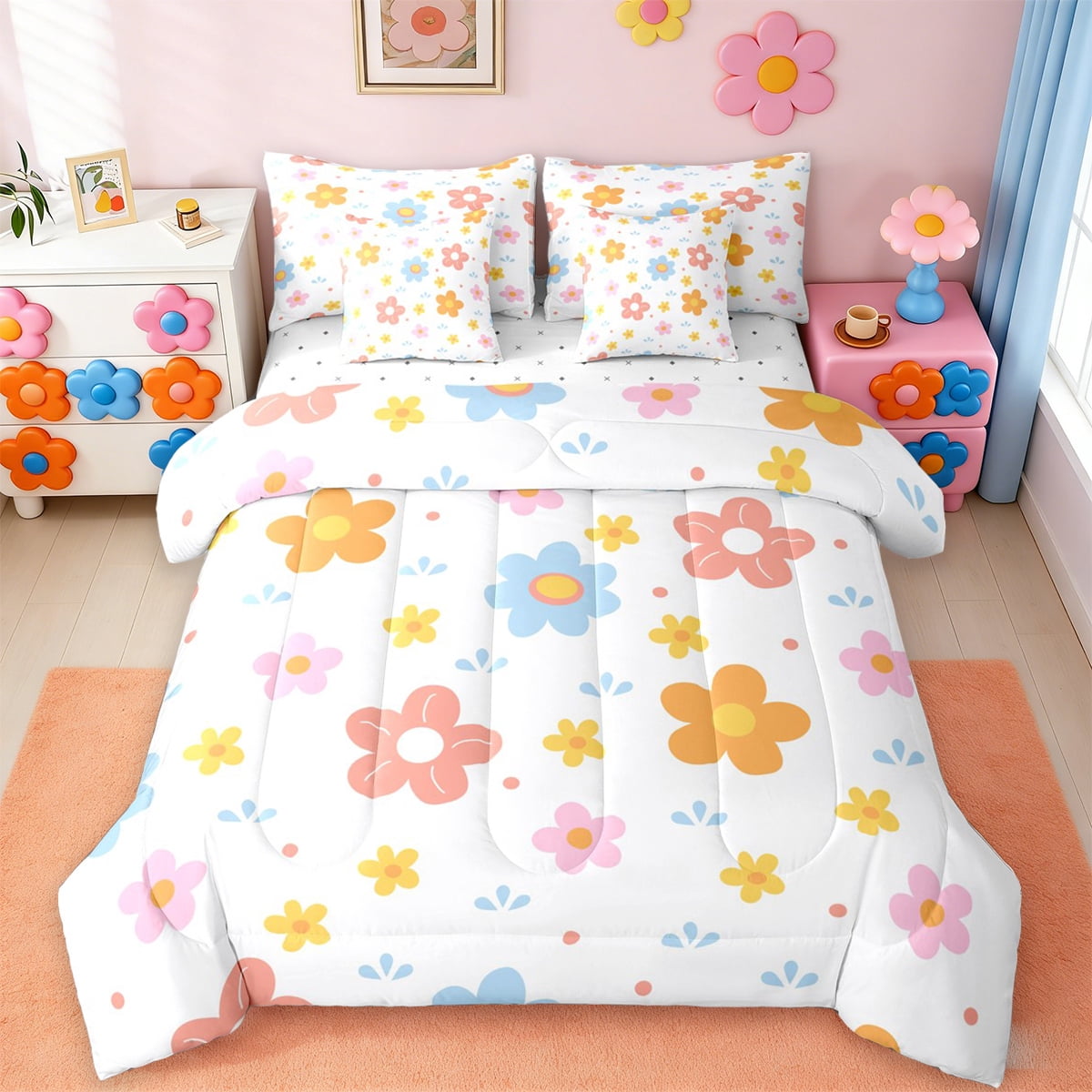 jejeloiu Cute Flower Twin Bedding Sets 7-Piece,Plant Theme Bedding Comforter Set,Orange Blue White Sheet Sets For Girls Kids,Microfiber Room Decoration