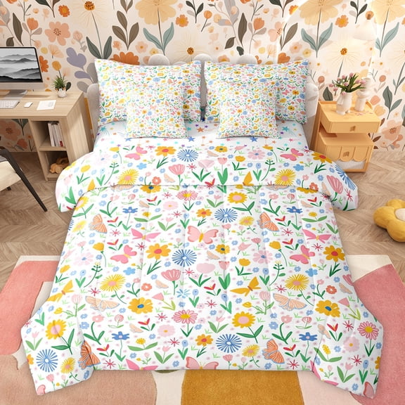 jejeloiu Cute Flowers Blossom 7-Piece Twin Bedding Sets,Colorful Floral Butterflies Bedding Comforter Set,Cartoon Tulip Daisy Sheet Sets For Girls Kids,Breathable Home Decor Reversible