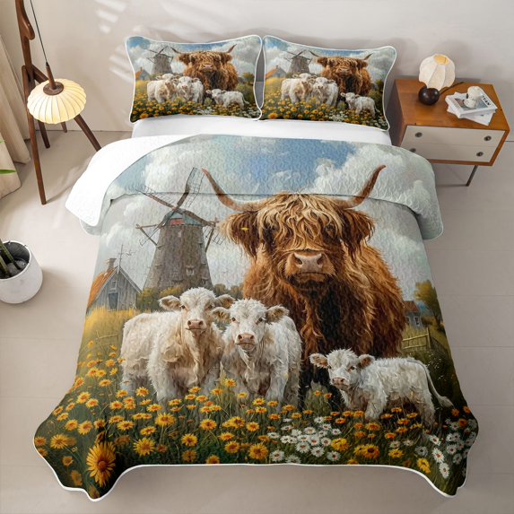 jejeloiu Cute Flowers Daisy Quilt King Kids,Country Farm Highland Cow King Coverlet Set For Men,3-Piece