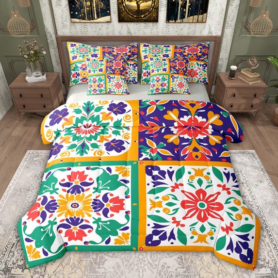 jejeloiu Cute Flowers Floral 7 Pieces Bedding Comforter Set,Watercolor Vintage Graffiti Full Bedding Set For Men Women Reversible