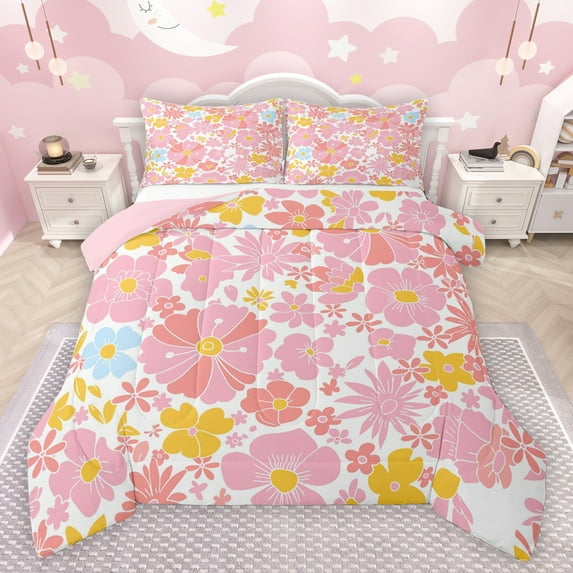 jejeloiu Cute Flowers Queen Comforter Set,Kawaii Floral Blossom Bedding Sets,Pink White Yellow Bedding Comforter Set For Girls Kids,Microfiber Bedroom Decor Reversible,3-Piece