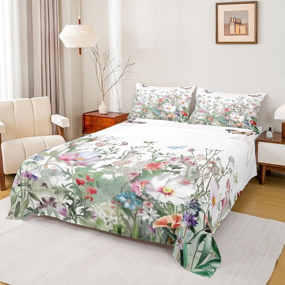 jejeloiu Cute Flowers Twin Sheet Sets,White Green Bedding For Girls Teens 3pcs