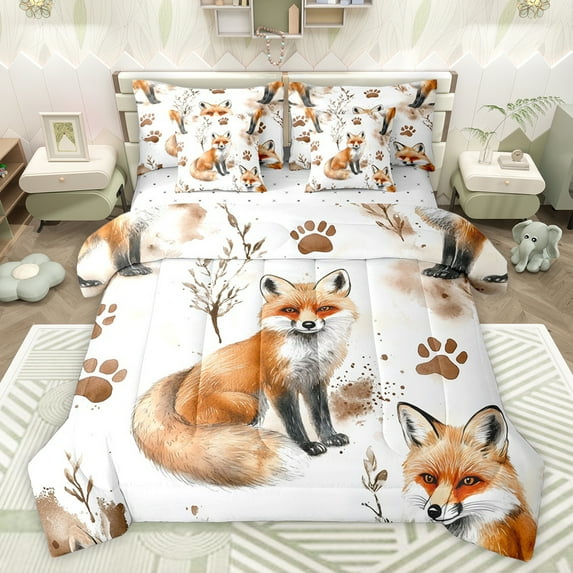 jejeloiu Cute Fox 7-Piece Bedding Comforter Set,Wild Animal King Bedding Sets,White Orange Bed Sheets For Girls Boys,Microfiber Bedroom Decor Reversible
