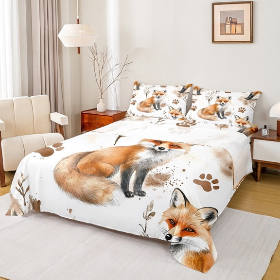 jejeloiu Cute Fox Bed Sheets,Wild Animal King Sheets,White Orange Sheet Set For Girls Boys,Microfiber Bedroom Decor,4-Piece