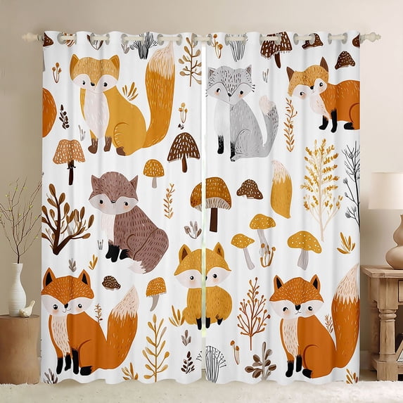 jejeloiu Cute Fox Blackout Curtains Set of 2 (52x84 Each),Kawaii Cartoon Animal Window Curtains,White Orange Curtains and Drapes For Men Women,Microfiber Bedroom Decor