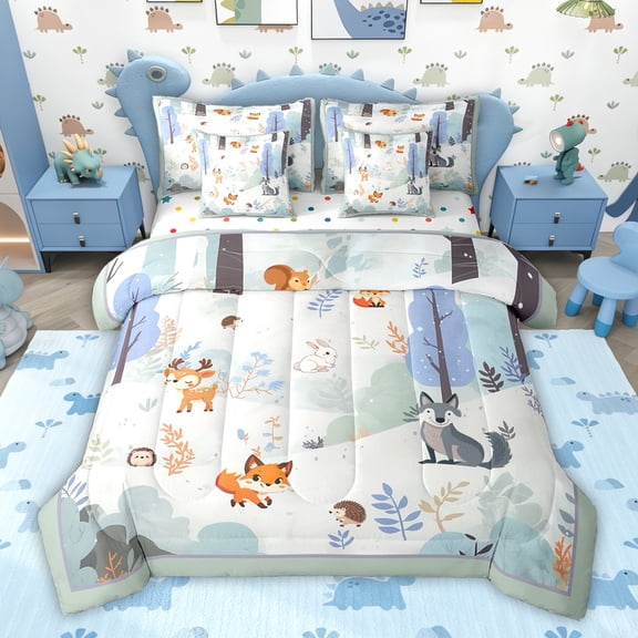 jejeloiu Cute Fox Deer 7-Piece Twin Bedding Sets,Wild Animal Bedding Comforter Set For Girls Boys Reversible