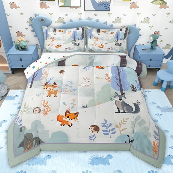 jejeloiu Cute Fox Deer Queen Comforter Set,Wild Animal Bedding Comforter Set For Girls Boys Reversible 3 Pieces