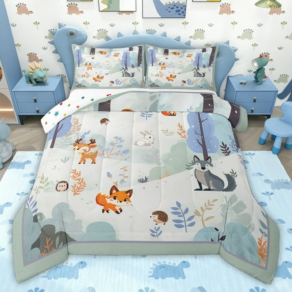 jejeloiu Cute Fox Deer Twin Comforter Sets,Wild Animal Bedding Set For Girls Boys Reversible 2pcs