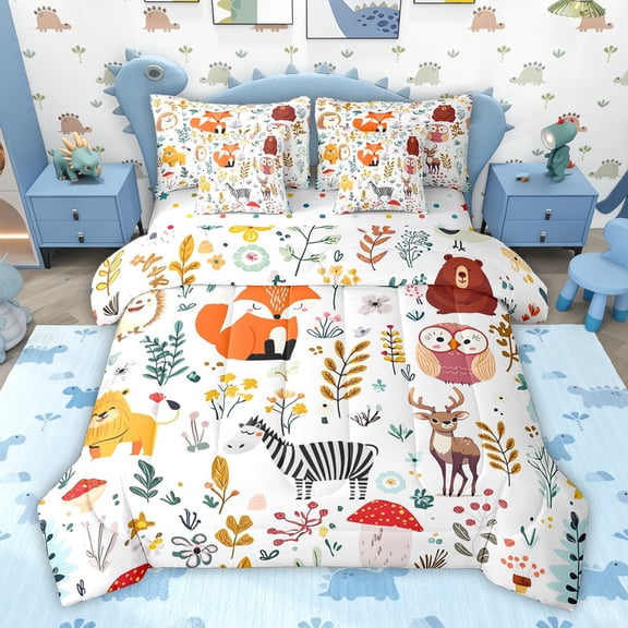 jejeloiu Cute Fox Owl 7pcs Bedding Comforter Set,Wild Lions Zebra Queen Bedding Sets For Girl Boy Reversible