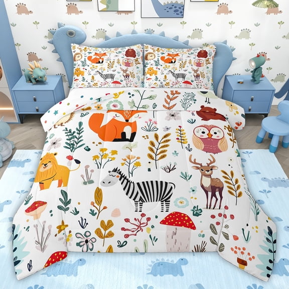 jejeloiu Cute Fox Owl Twin Comforter Sets,Wild Lions Zebra Bedding Set For Girl Boy Reversible 2 Pieces