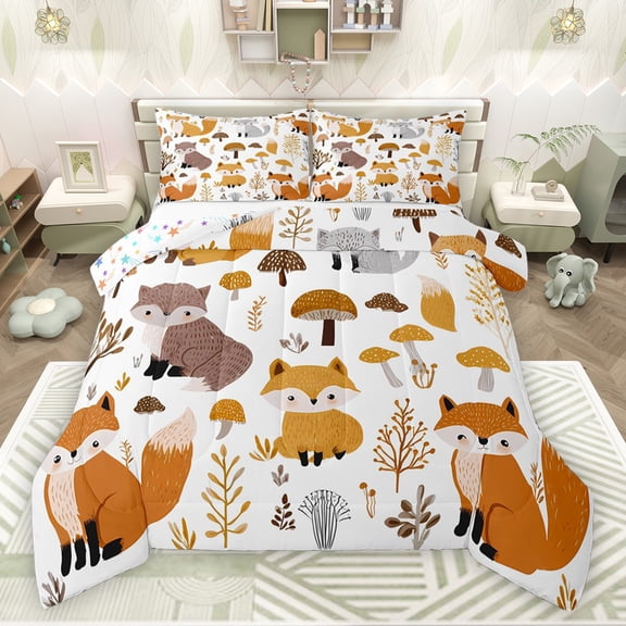 jejeloiu Cute Fox Queen Comforter Set,Kawaii Cartoon Animal Bedding Sets,White Orange Bedding Comforter Set For Men Women,Microfiber Bedroom Decor Reversible,3 Pieces
