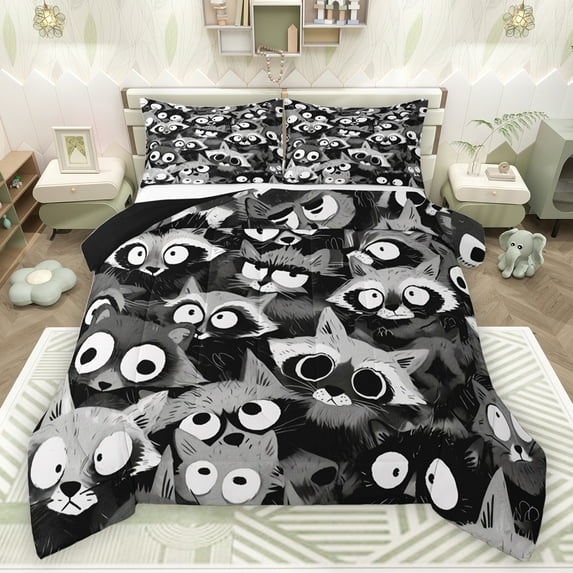jejeloiu Cute Fox Queen Comforter Set,Wild Animal Bedding Sets,Gray White Bedding Comforter Set For Kids,Super Cozy Room Decor Reversible,3-Piece