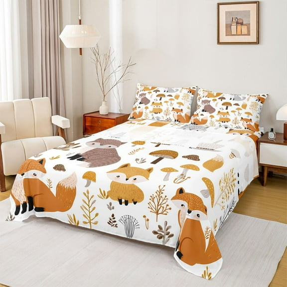 jejeloiu Cute Fox Queen 4-Piece Sheet Set,White Orange Kawaii Wildlife