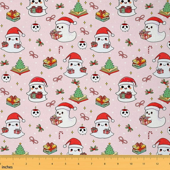 jejeloiu Cute Ghost Bowtie Fabric by the Yard 10 Yards,Merry Christmas Tree Room Decor Fabric by the Yard,Happy New Year Gifts Sewing Fabric For Girls,Luxury Bedroom Decor