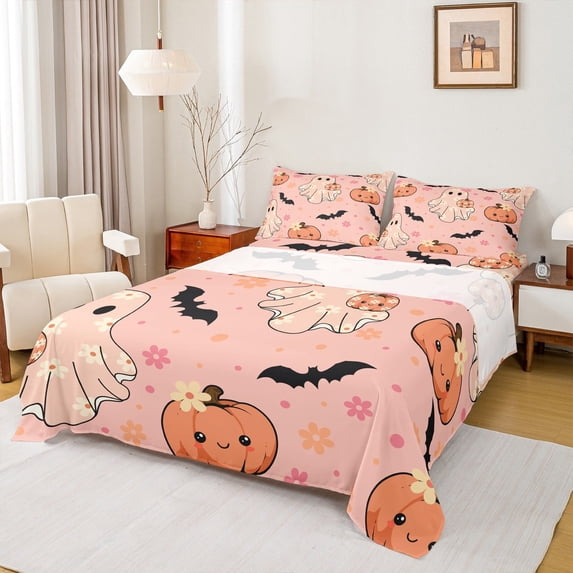 jejeloiu Cute Ghost Pumpkin Twin Sheet Sets,Rustic Flower Floral Twin Fitted Sheet,Black Spooky Bats Flat Sheet,Lightweight Room Decoration,3pcs