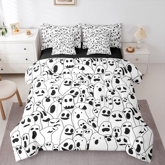 jejeloiu Cute Ghost Twin Bedding Sets 7-Piece,Happy Halloween Bedding Comforter Set,White Black Sheet Sets For Teens,Ultra Soft Home Decor Reversible