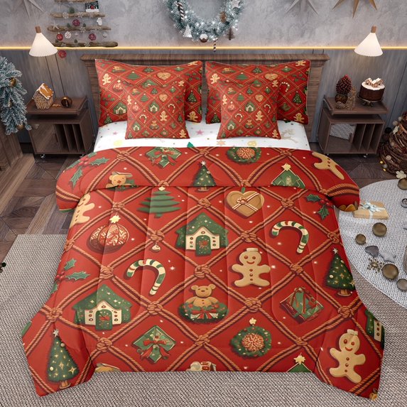 jejeloiu Cute Gingerbread Man 7 Pieces Bedding Comforter Set,Merry Christmas Full Bedding Set,Happy New Year Fitted Sheet Flat Sheet For Girls Kids,Microfiber Bedroom Decor Reversible