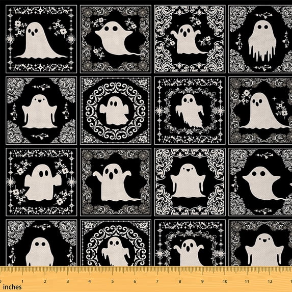 jejeloiu Cute Halloween Ghost Fabric by the Yard 2 Yards,Retro Boho Print Room Decor Fabric by the Yard,White Black Fabric for Sewing For Children,Microfiber Bedroom Decor