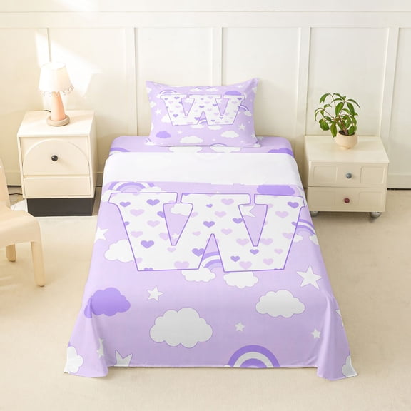 jejeloiu Cute Heart Monogram W Twin Sheet Sets For Kids,Purple Rainbow Loves Print Bedding,3-Piece