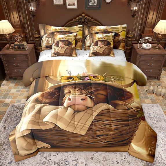 jejeloiu Cute Highland Cattle 7-Piece Bedding Comforter Set,Country Farmhouse Lodge King Bedding Sets,Brown Cow Bed Sheets For Kids,Microfiber Bedroom Decor Reversible