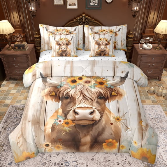 jejeloiu Cute Highland Cattle 7-Piece Bedding Comforter Set,Rustic Plant Floral King Bedding Sets,Old Wooden Board Bed Sheets For Kids,Microfiber Bedroom Decor Reversible
