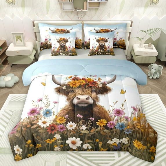 jejeloiu Cute Highland Cattle 7-Piece Twin Bedding Sets,Colorful Rustic Flowers Bedding Comforter Set,Kawaii Daisy Blossom Sheet Sets For Girls Boys,Luxury Bedroom Decor Reversible