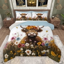 jejeloiu Cute Highland Cattle Bedding Comforter Set,Colorful Rustic Flowers Twin Comforter Sets,Kawaii Daisy Blossom Bedding Set For Girls Boys,Luxury Bedroom Decor Reversible,2 Pieces