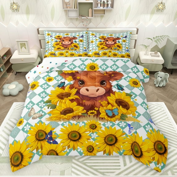 jejeloiu Cute Highland Cattle Bedding Comforter Set,Country Floral Sunflower Twin Comforter Sets,Retro Geometric Rhombus Bedding Set For Kids,Microfiber Bedroom Decor Reversible,2-Piece